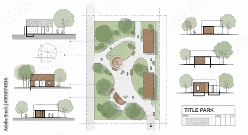 Architectural Plan of a Modern Park with Buildings and Green Spaces