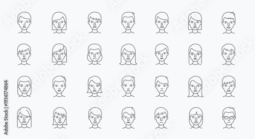 Diverse Human Faces Icons Set, Outline Avatars Collection, Different Emotions and Genders