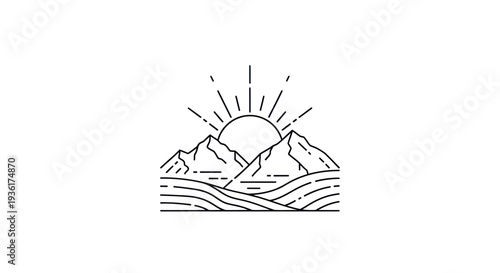 Mountain sunrise line art illustration