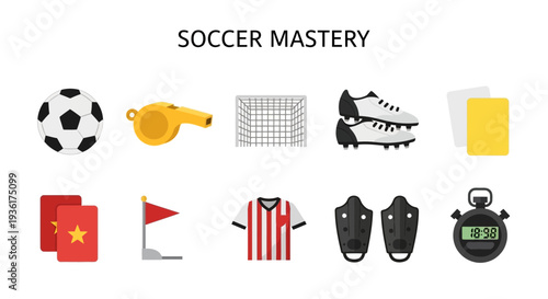 A collection of ten illustrated soccerrelated items arranged in two rows