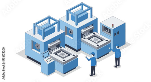 Modern industrial manufacturing machines with technicians overseeing operations.