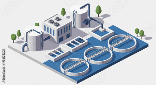 Modern Industrial Wastewater Treatment Plant Facility Isometric View.