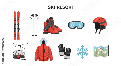 A collection of red and black ski resort equipment and winter symbols on white