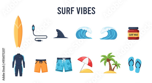 Collection of ten flatstyle surfing and beach icons under the title SURF VIBES