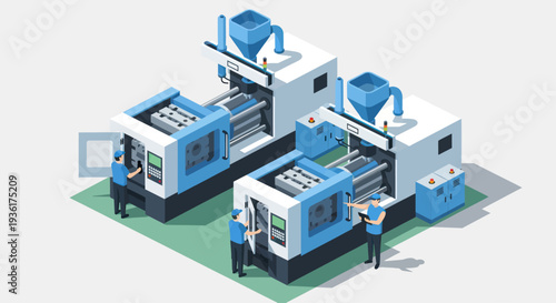 Modern Industrial Manufacturing Machines with Workers.