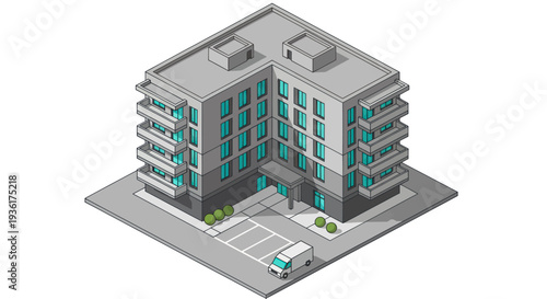 Modern Isometric Apartment Building with Balconies and Parking.