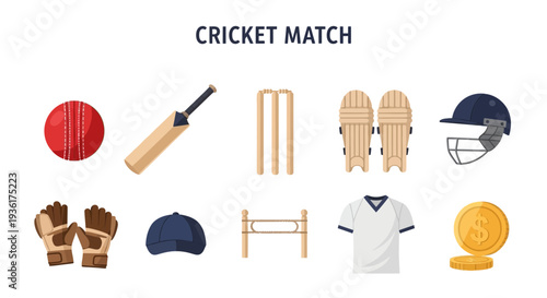 Illustration of various cricket match equipment and apparel items