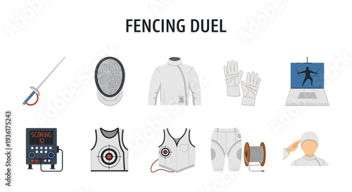 A collection of ten distinct vector icons related to the sport of fencing duel