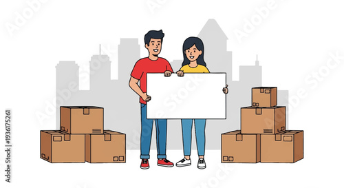 Two people holding a moving plan amidst stacked brown boxes in an urban skyline background