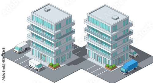 Modern Isometric Apartment Buildings with Cars on City Street.