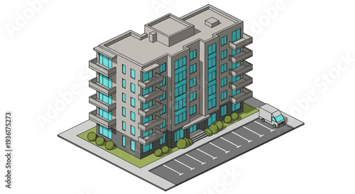 Modern Isometric Apartment Building with Parking Lot and Greenery.