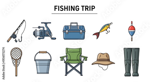 Collection of ten vector icons representing gear and accessories for a fishing trip