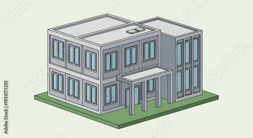 Modern Isometric Building Design with Flat Roof and Large Windows.