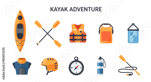 Flat illustration of orange and blue kayaking gear icons