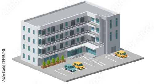 Modern Office Building with Parking Lot and Cars.