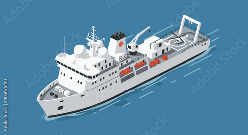 Modern Research Vessel Sailing on Blue Water.