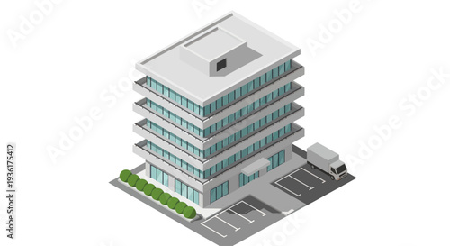 Modern Office Building with Parking Lot and Delivery Truck.
