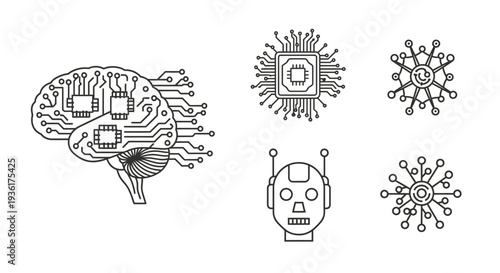 Artificial Intelligence Brain Icon Set: AI, Robotics, Neural Network Concepts