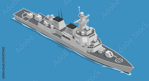 Modern Warship Illustration on Blue Background.