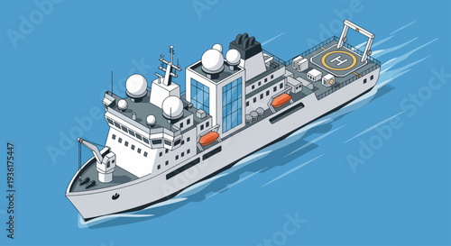Modern Research Vessel with Helicopter Pad Navigating Blue Waters.