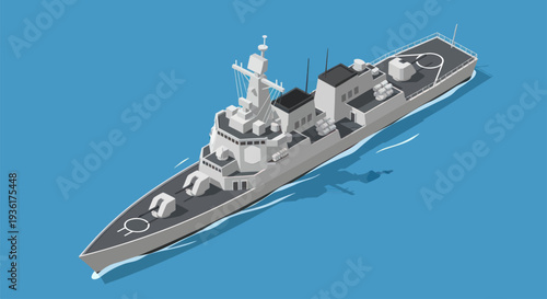 Modern Warship Sailing on Calm Blue Water Isometric View.