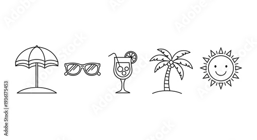 Summer Vacation Icons: Beach Umbrella, Sunglasses, Cocktail, Palm Tree, Sun
