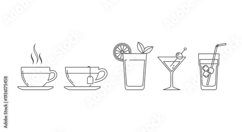 Collection of Drink Icons: Coffee, Tea, Juice, Cocktail, and Iced Drink