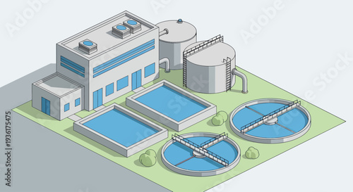Modern Water Treatment Plant Facility with Industrial Buildings and Tanks.