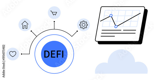 DEFI connected to icons for health, housing, shopping, and industry with analytics chart. Ideal for finance, blockchain, data analysis, market trends, innovation investment simple flat metaphor