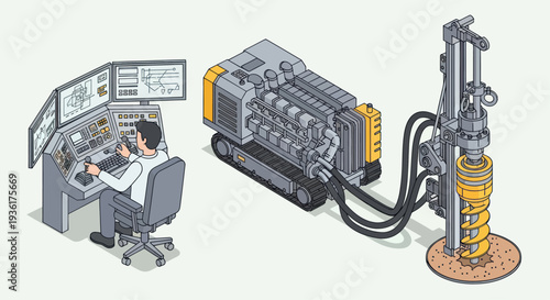 Remote Controlled Drilling Rig Operation with Operator Monitoring Screens.