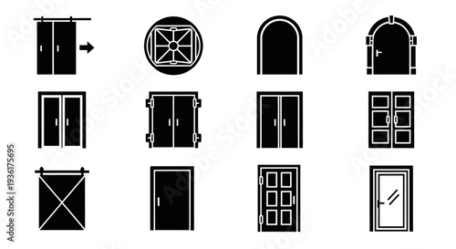 Collection of Modern and Classic Door Icons: Sliding, Arched, Double, and Glass Doors