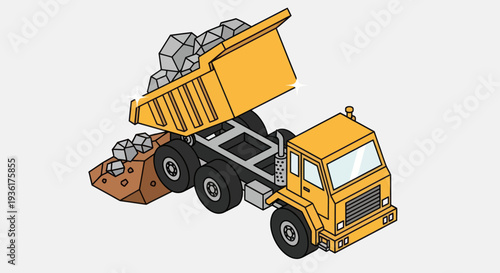 Yellow dump truck unloading rocks and gravel.