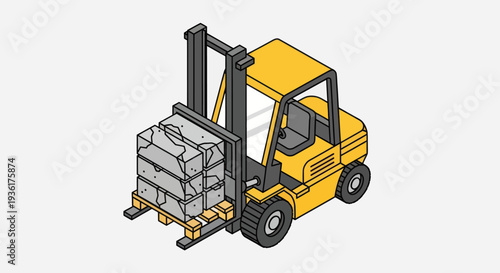 Yellow Forklift Truck Lifting Pallet of Goods Isometric View.