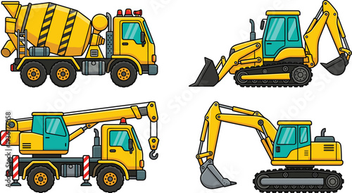 Yellow construction machinery vehicles set including concrete mixer excavator crane truck and bulldozer, heavy equipment illustration isolated on white background