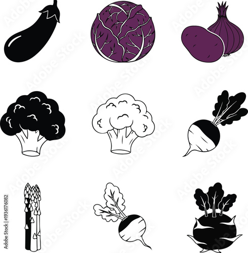 Assorted vegetables including eggplant cabbage onion broccoli carrot.