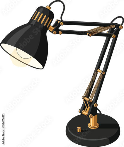 Adjustable black desk lamp with gold fittings.