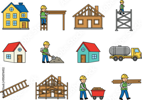 Construction process icons set with houses scaffolding workers tools and equipment, home building stages vector illustration isolated on white background