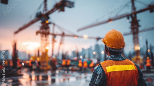 A construction worker wearing a safety helmet and vest observes a building site at sunset