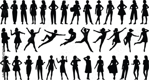 PrintWomen silhouette collection, female poses illustration, fashion design artwork, diverse outfits vector, dynamic body positions, dancing, standing, gesturing, stylish