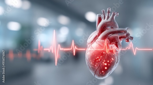 An anatomically accurate heart model surrounded by a heartbeat graph, illustrating cardiac health and medical technology in a clinical environment.