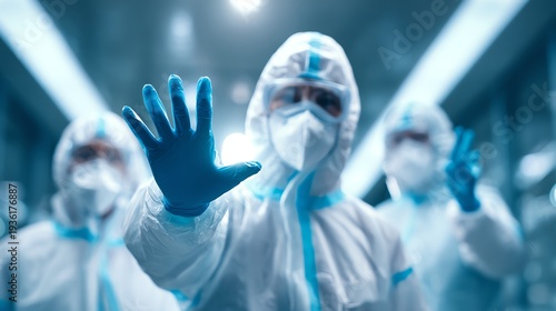 Healthcare professionals in protective suits demonstrate safety measures. This image captures the essence of medical response to health crises, emphasizing urgency and care.