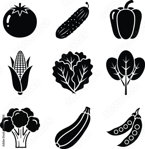 Assorted vegetables silhouette collection featuring tomatoes peppers corn broccoli and leafy greens.