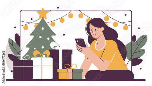 A woman wearing a yellow t-shirt uses her mobile phone while surrounded by wrapped gift boxes and a decorated Christmas tree with a star.