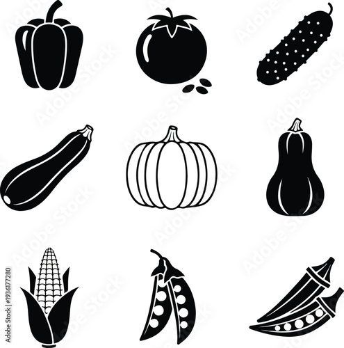 Silhouetted Vegetable Collection Featuring Pepper Tomato Corn Zucchini.