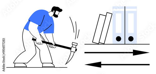Workplace stress, corporate overload, productivity issues, inefficiency, task management, business struggles. Man using a sledgehammer near fallen files. Workplace stress and corporate overload