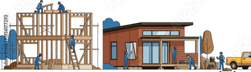 Residential House Construction Process with Framing Structure and Finished Modern Home, Builders Working on Building Site Vector Illustration