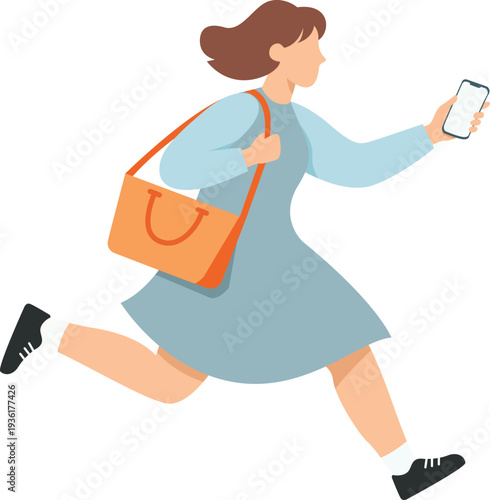 Woman running with phone and orange handbag in blue dress