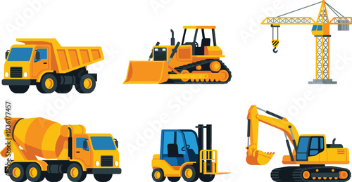 Construction Machinery and Heavy Equipment Vector Set with Dump Truck, Bulldozer, Crane, Excavator and Forklift Isolated Illustration