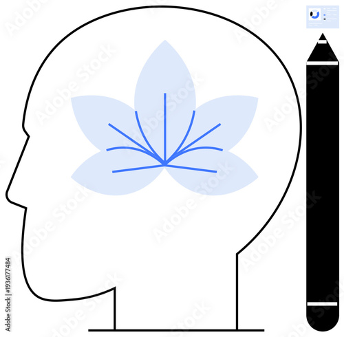 Creativity concept. Creativity by a human head outline with a floral brain design and stylus pen. Creativity inspiring innovation, mindfulness, and artistic expression. Ideal for technology