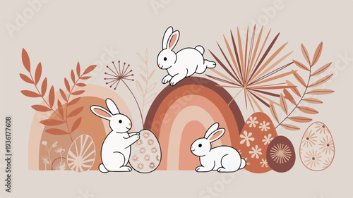 Whimsical bohemian easter illustration of white rabbits rainbow and floral elements in earthy tones perfect for spring and holiday designs